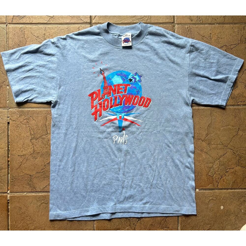 Vintage 1991 Planet Hollywood Paris T Shirt Mens L Blue Tee